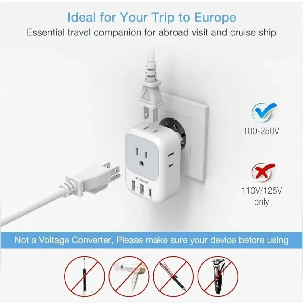 European Travel Plug Adapter USB C, TESSAN International Plug Adapter with 4 AC